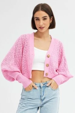 Pink Knit Cardigan Long Sleeve Crop -FabWear Shop KN2297 12PB PINK 3