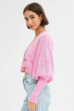 Pink Knit Cardigan Long Sleeve Crop -FabWear Shop KN2297 12PB PINK 4