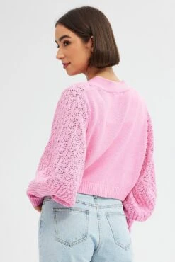 Pink Knit Cardigan Long Sleeve Crop -FabWear Shop KN2297 12PB PINK 5