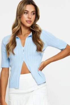 Blue Short Sleeve Collar Knit Cardigan