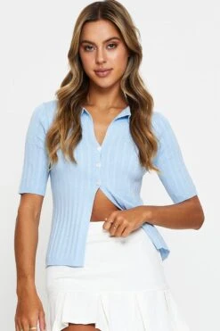 Blue Short Sleeve Collar Knit Cardigan -FabWear Shop basic cardigan blue short sleeve collar knit cardigan 32967226753217