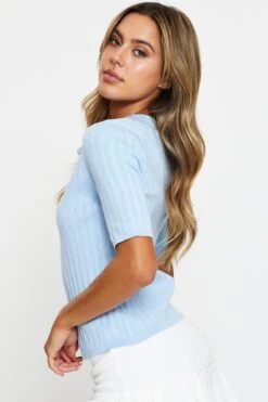 Blue Short Sleeve Collar Knit Cardigan -FabWear Shop basic cardigan blue short sleeve collar knit cardigan 32967226785985