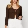 Brown Crop Cardigan Long Sleeve Tie Front