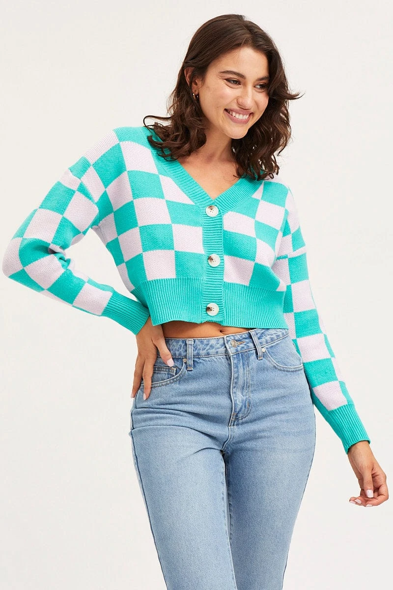 Check Knit Cardigan Long Sleeve Crop V-Neck 1 Check Knit Cardigan Long Sleeve Crop V-Neck