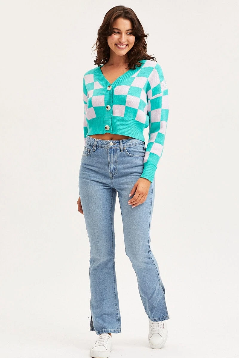 Check Knit Cardigan Long Sleeve Crop V-Neck 2 Check Knit Cardigan Long Sleeve Crop V-Neck - Image 2