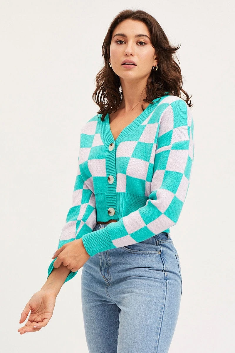 Check Knit Cardigan Long Sleeve Crop V-Neck 3 Check Knit Cardigan Long Sleeve Crop V-Neck - Image 3