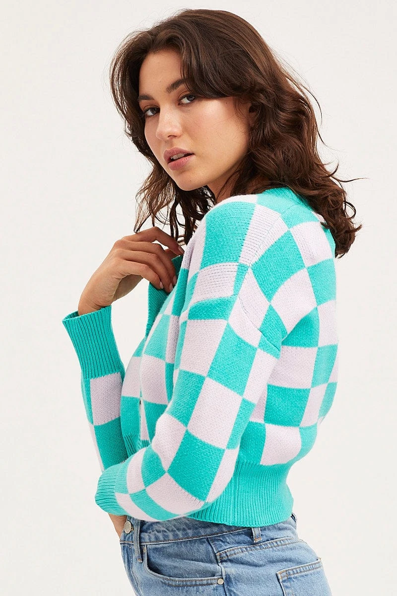 Check Knit Cardigan Long Sleeve Crop V-Neck 4 Check Knit Cardigan Long Sleeve Crop V-Neck - Image 4