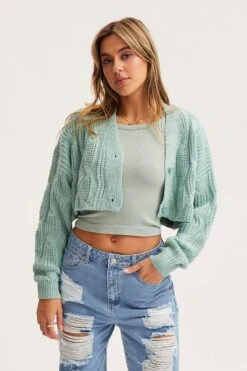 Green Knit Cardigan Long Sleeve V-Neck Cable