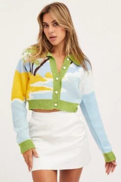 Multi Knit Cardigan Long Sleeve Collared