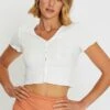 White Crop Cardigan Short Sleeve Waffle