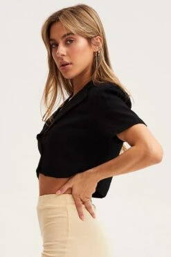 Black Crop Jacket Short Sleeve Collared 9 Black Crop Jacket Short Sleeve Collared -FabWear Shop blazer black crop jacket short sleeve collared 32966592266433