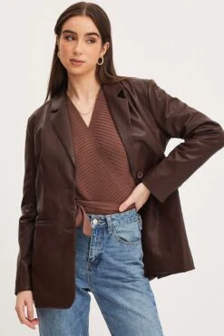 Brown Faux Leather Jacket Long Sleeve