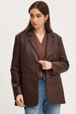 Brown Faux Leather Jacket Long Sleeve -FabWear Shop blazer brown faux leather jacket long sleeve 32966634275009