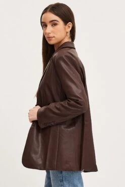 Brown Faux Leather Jacket Long Sleeve -FabWear Shop blazer brown faux leather jacket long sleeve 32966634340545