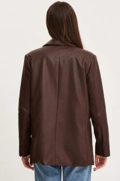 Brown Faux Leather Jacket Long Sleeve -FabWear Shop blazer brown faux leather jacket long sleeve 32966634373313