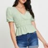 Green Wrap Shirts Short Sleeve V-Neck