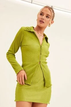 Green Plisse Shirt Long Sleeve Button Front Satin -FabWear Shop bolero green plisse shirt long sleeve button front satin 33036900729025