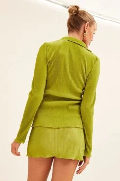 Green Plisse Shirt Long Sleeve Button Front Satin -FabWear Shop bolero green plisse shirt long sleeve button front satin 33036900827329