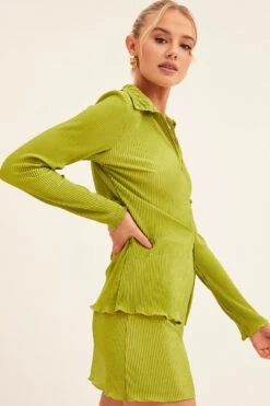 Green Plisse Shirt Long Sleeve Button Front Satin -FabWear Shop bolero green plisse shirt long sleeve button front satin 33036900860097
