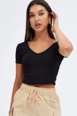 Black Corset Detail T Shirt Short Sleeve Scoop Neck