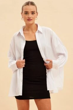 White Essential Oversized Long Sleeve Collared Shirt -FabWear Shop bwh5233 33nb white 3