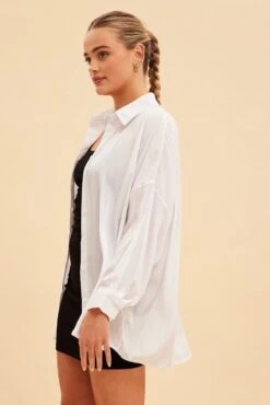 White Essential Oversized Long Sleeve Collared Shirt -FabWear Shop bwh5233 33nb white 4