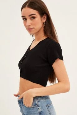 Black Short Sleeve Rib Cardigan -FabWear Shop ck12780 f black 4