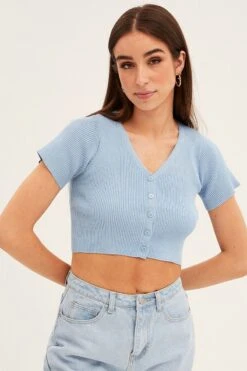 Blue Short Sleeve Rib Cardigan -FabWear Shop ck12780 f blue 3