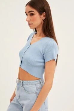 Blue Short Sleeve Rib Cardigan -FabWear Shop ck12780 f blue 4