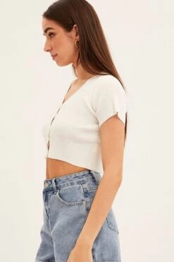 White Short Sleeve Rib Cardigan -FabWear Shop ck12780 f white 4