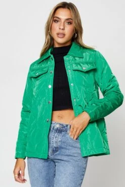 Green Quilted Jacket Long Sleeve Collared