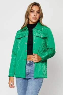 Green Quilted Jacket Long Sleeve Collared -FabWear Shop coat green quilted jacket long sleeve collared 32966594330817