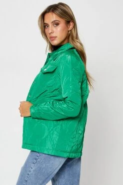 Green Quilted Jacket Long Sleeve Collared -FabWear Shop coat green quilted jacket long sleeve collared 32966594363585
