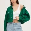 Green Long Sleeve Cropped Denim Jacket