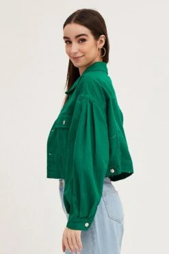 Green Long Sleeve Cropped Denim Jacket -FabWear Shop denim jacket green long sleeve cropped denim jacket 32981021589697