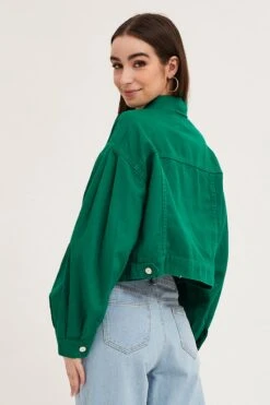 Green Long Sleeve Cropped Denim Jacket -FabWear Shop denim jacket green long sleeve cropped denim jacket 32981021622465