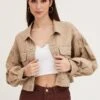 Beige Long Sleeve Cropped Denim Jacket