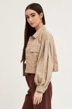 Beige Long Sleeve Cropped Denim Jacket -FabWear Shop denim jacket nude long sleeve cropped denim jacket 32981021786305