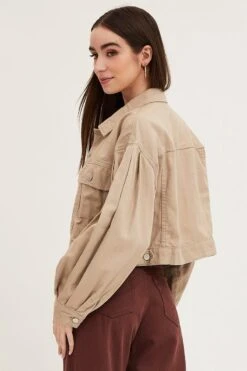 Beige Long Sleeve Cropped Denim Jacket -FabWear Shop denim jacket nude long sleeve cropped denim jacket 32981021819073
