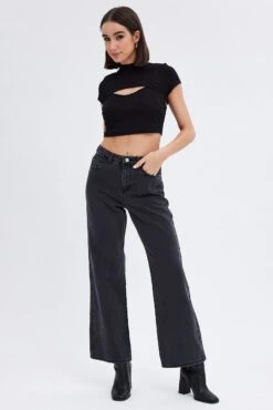 Grey Wide Leg Denim Jeans High Rise