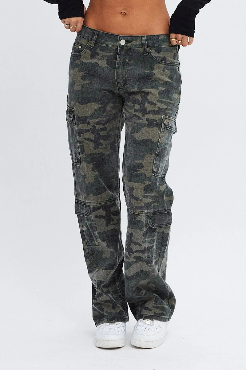 Green Print Camo Cargo Jeans Straight Out Pocket 2 Green Print Camo Cargo Jeans Straight Out Pocket - Image 2