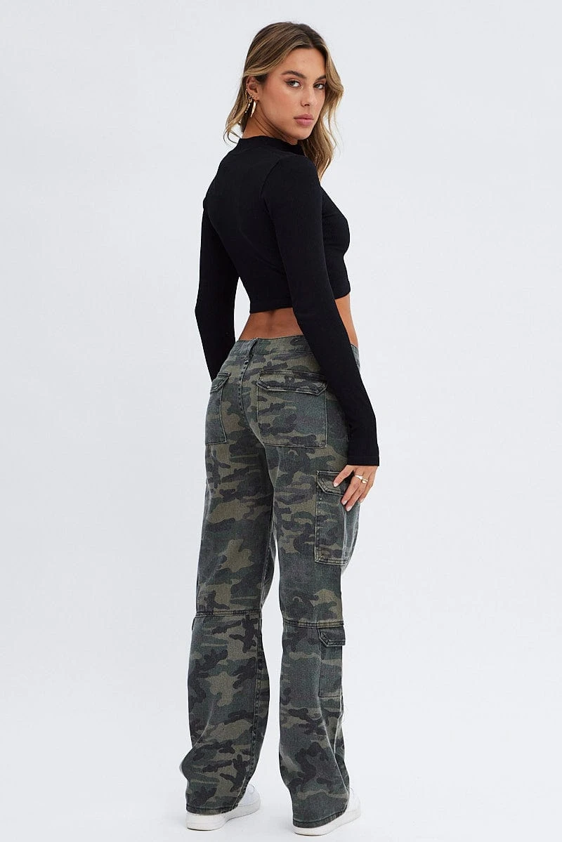 Green Print Camo Cargo Jeans Straight Out Pocket 5 Green Print Camo Cargo Jeans Straight Out Pocket - Image 5