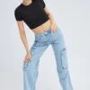 Denim Cargo Jeans Mid Rise Pocket