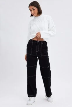 Black Cargo Jeans Straight Back Elastic Waist -FabWear Shop dl1553 34r black 3