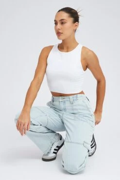 Denim Cargo Jeans Elastic Waist