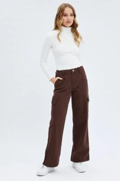 Brown Cargo Denim Jeans High Rise