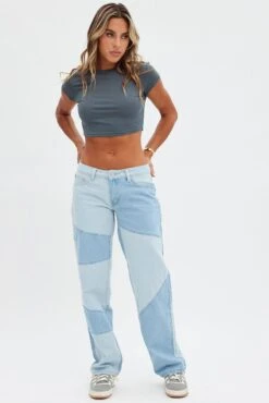 Blue Patchwork Denim Jeans Low Rise -FabWear Shop dl1861 20j denim blue 4