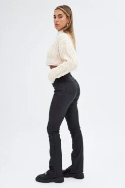 Black Flare Denim Jeans Coated High Rise -FabWear Shop dl1882a 33jb black 4