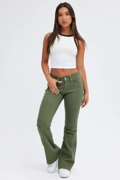 Green Flare Denim Jeans Low Rise