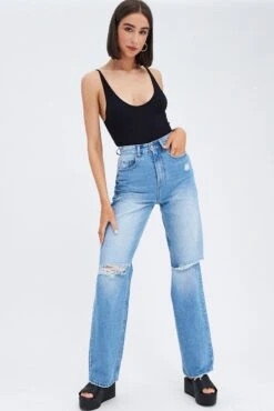 Blue Wide Leg Denim Jeans High Rise